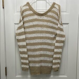 John + Jenn Women's Tan and White Loose Knit Long Line Stripe Sweater - Sz Small